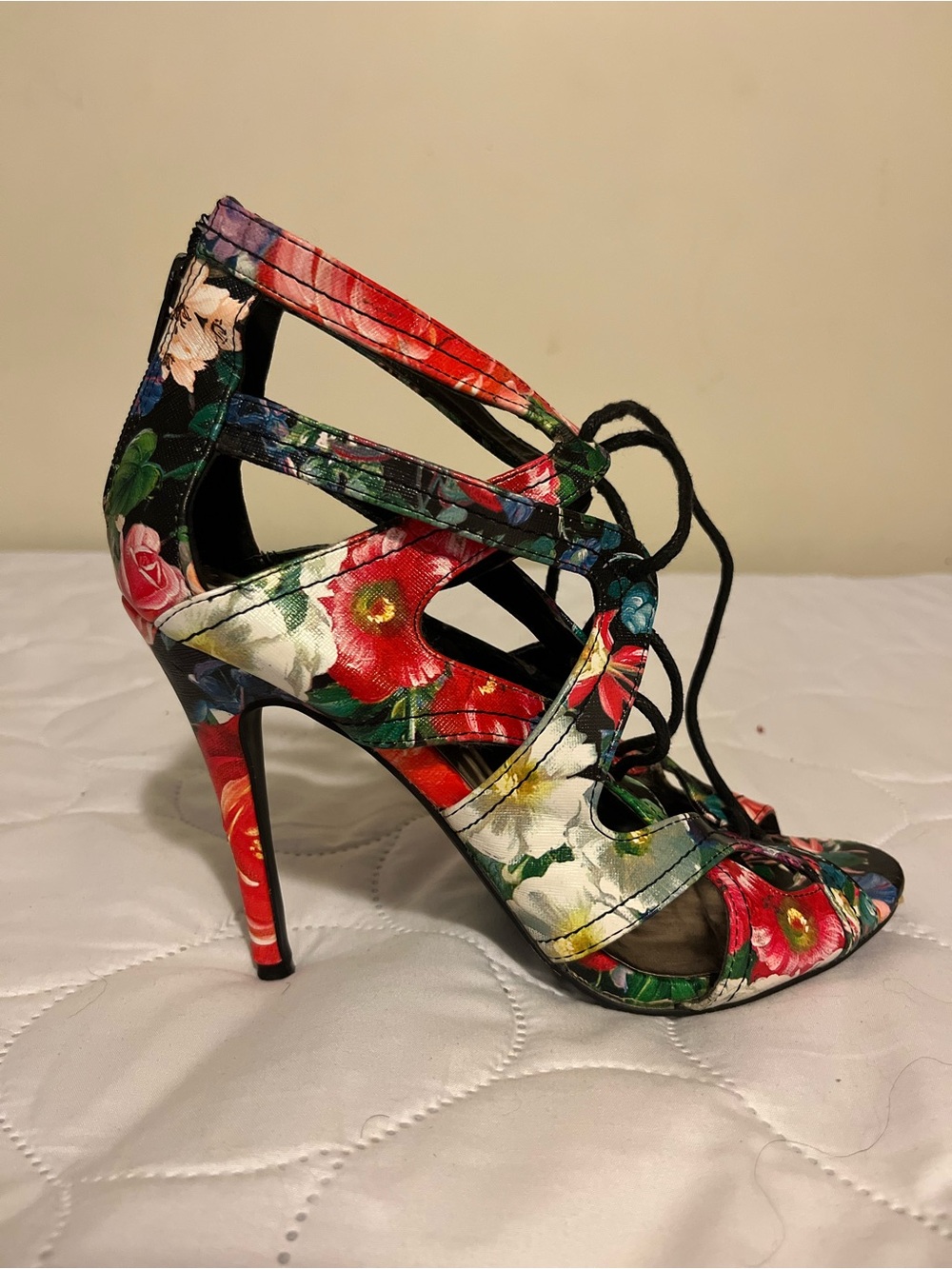 Madden Girl Floral Lace-Up High Heel Sandals - Red Multi